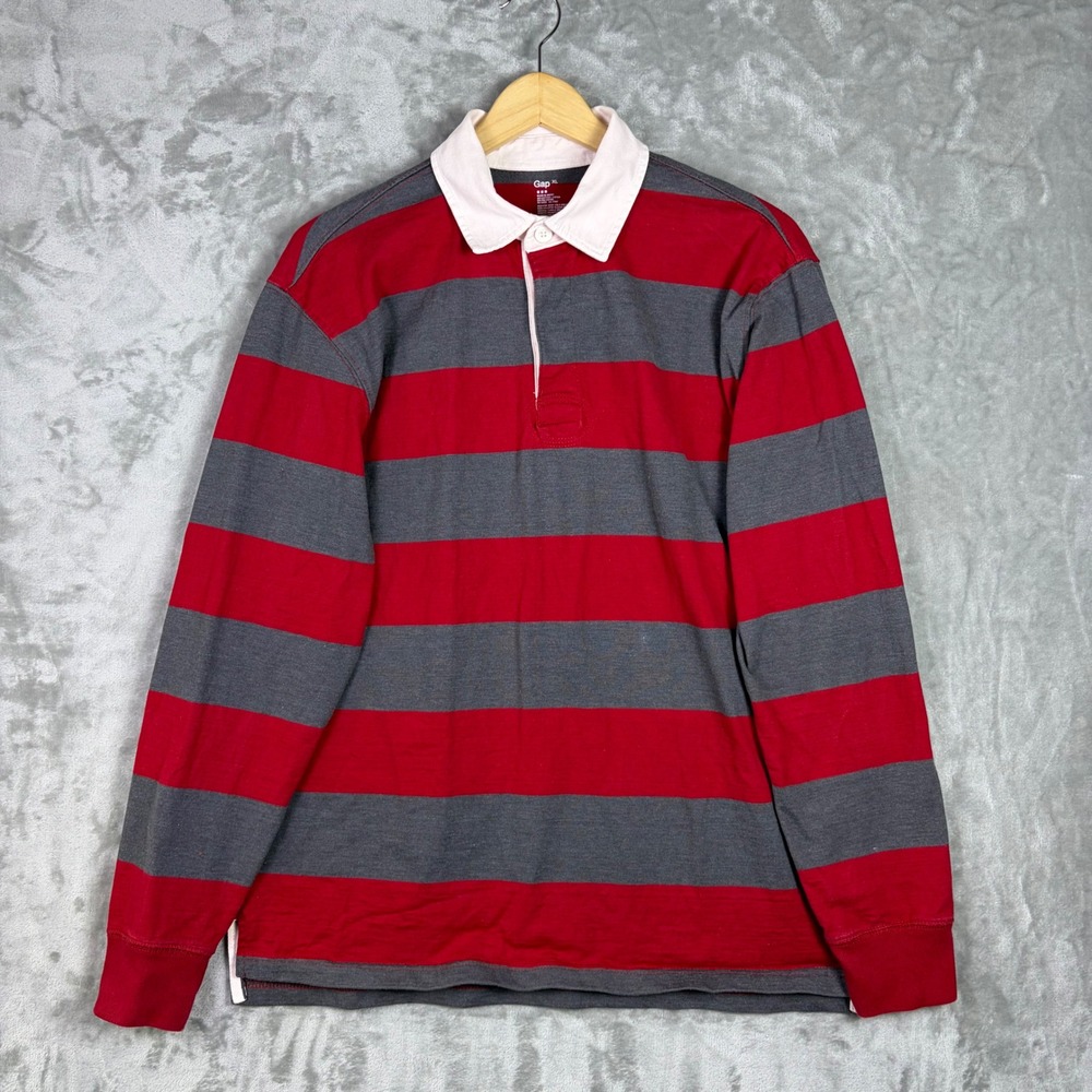 Gap Rugby Shirt XL Striped Long Sleeve Mens Red Grey White Collar Cotton Classic
